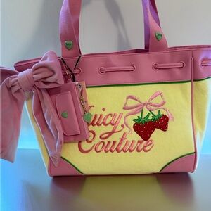 Juicy Couture Pink and Yellow Strawberry Tote with Bow Accent